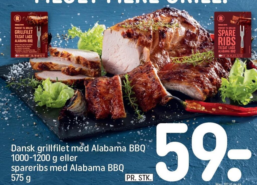 Dansk grillfilet med Alabama BBQ 10001200 g eller spareribs med