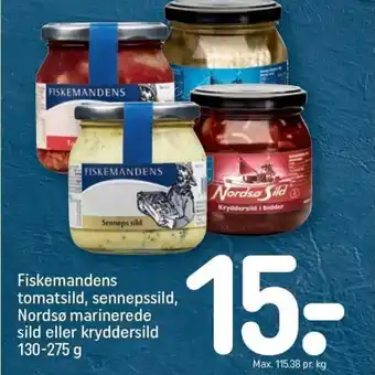 REMA 1000 Fiskemandens tomatsild, sennepssild, Nordsø marinerede sild eller kryddersild 130-275 g tilbud