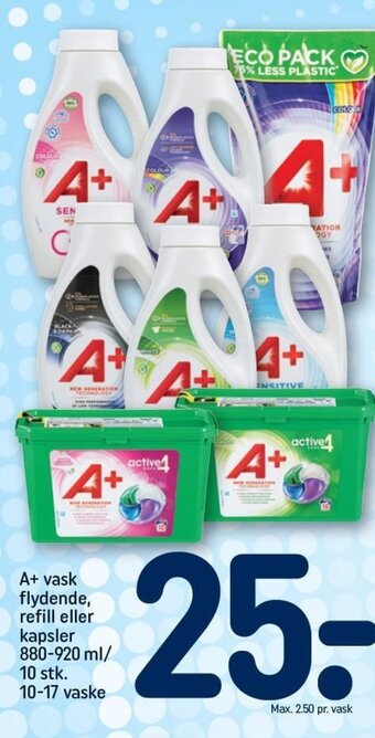 REMA 1000 A+ vask flydende, refill eller kapsler 880-920 ml/ 10 stk. 10-17 vaske tilbud