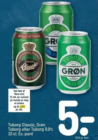 REMA 1000 Tuborg Classic, Grøn Tuborg eller Tuborg 0.0% 33 cl. Ex. pant tilbud