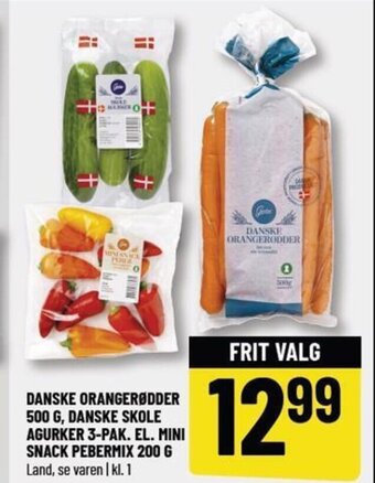 Løvbjerg DANSKE ORANGERØDDER 500 G, DANSKE SKOLE AGURKER 3-PAK. EL. MINI SNACK PEBERMIX 200 G tilbud