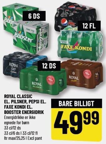 Løvbjerg ROYAL CLASSIC EL. PILSNER, PEPSI EL. FAXE KONDI EL. BOOSTER ENERGIDRIK tilbud