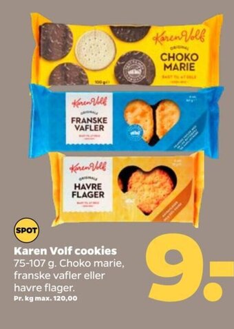 Netto Karen Volf cookies 75-107 g. Choko marie, franske vafler eller havre flager. tilbud