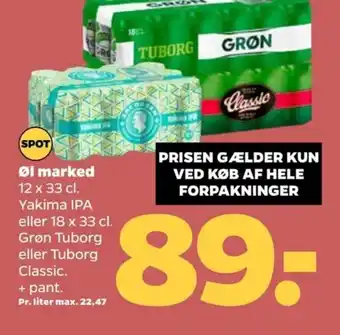 Netto Øl marked 12 x 33 cl. Yakima IPA eller 18 x 33 cl. Grøn Tuborg eller Tuborg Classic. tilbud