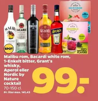 Netto Malibu rom, Bacardi white rom, 1-Enkelt bitter, Grant's whisky, Aperol eller Nordic by Nature cocktail tilbud