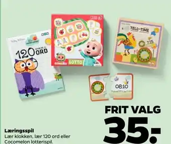 Læringsspil Lær klokken, lær 120 ord eller Cocomelon lotterispil.