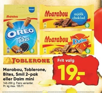 Bilka Marabou, toblerone, bites, smil 2-pak eller daim mini tilbud