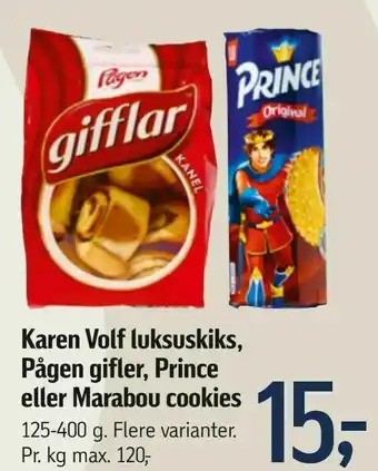 Føtex Karen Volf luksuskiks, Pågen gifler, Prince eller Marabou cookies tilbud