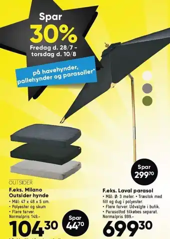 Bilka Spar 30% på havehynder, pallehynder og parasoller f.eks. milano outsider hynde eller laval parasol tilbud