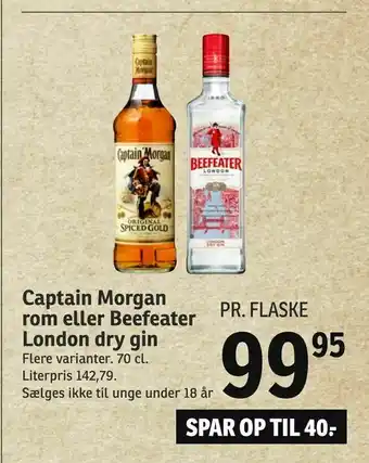 SPAR Captain Morgan rom eller Beefeater London dry gin tilbud