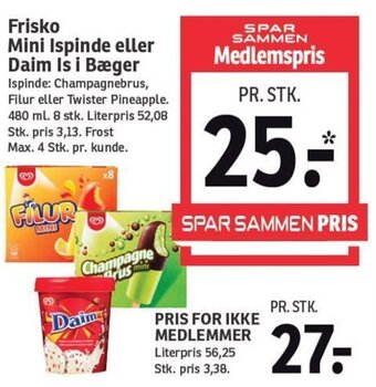 SPAR Frisko Mini Ispinde eller Daim Is i Bæger tilbud