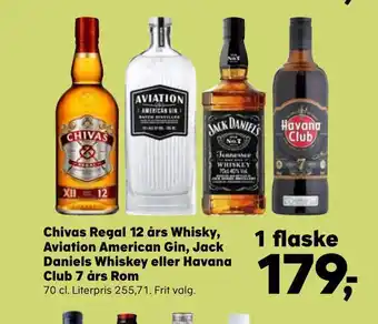 SuperBrugsen Chivas regal 12 års whisky, aviation american gin, jack daniels whiskey eller havana club 7 års rom tilbud