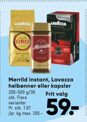 Bilka Merrild instant, lavazza helbønner eller kapsler tilbud