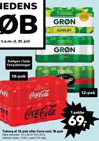Kvickly Tuborg øl 12-pak eller coca cola 18-pak tilbud