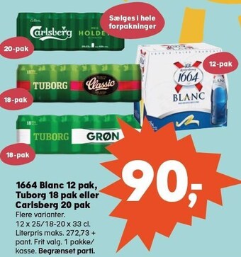 Kvickly 1664 blanc 12 pak, tuborg 18 pak eller carlsberg 20 pak tilbud