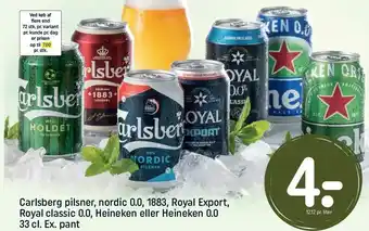 REMA 1000 Carlsberg pilsner, nordic 0.0, 1883, royal export, royal classic 0.0, heineken eller heineken 0.0 tilbud