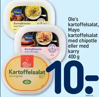 REMA 1000 Ole's kartoffelsalat, mayo kartoffelsalat med chipotle eller med karry tilbud