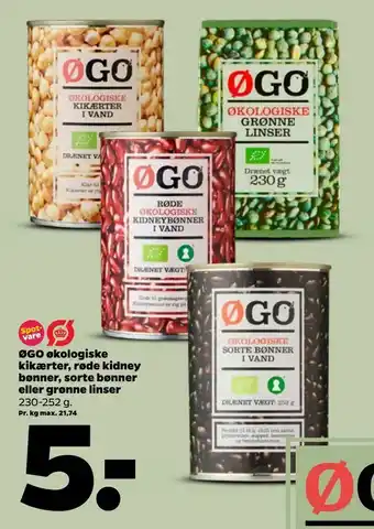 Netto ØGO økologiske kikærter, røde kidney bønner, sorte bønner eller grønne linser tilbud