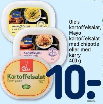 REMA 1000 Ole's kartoffelsalat, Mayo kartoffelsalat med chipotle eller med karry 400 g tilbud