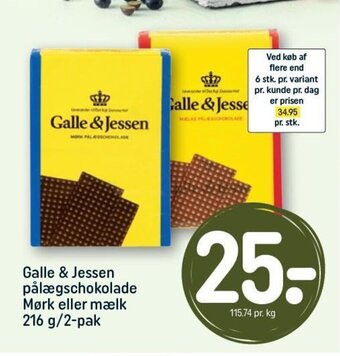 REMA 1000 Galle & Jessen pålægschokolade Mørk eller mælk 216 g/2-pak tilbud
