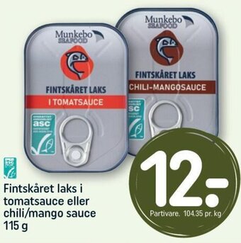 REMA 1000 Fintskåret laks i tomatsauce eller chili/mango sauce 115 g tilbud