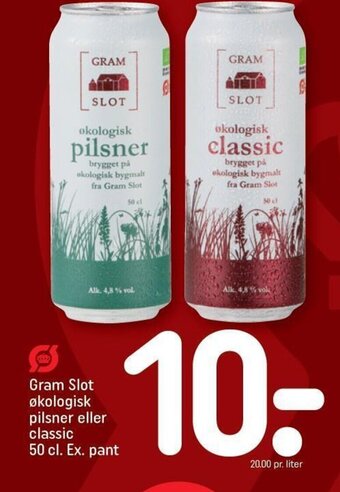 REMA 1000 Gram Slot økologisk pilsner eller classic 50 cl. Ex. pant tilbud
