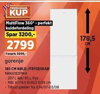 Power Gorenje 185 cm køle-/fryseskab tilbud