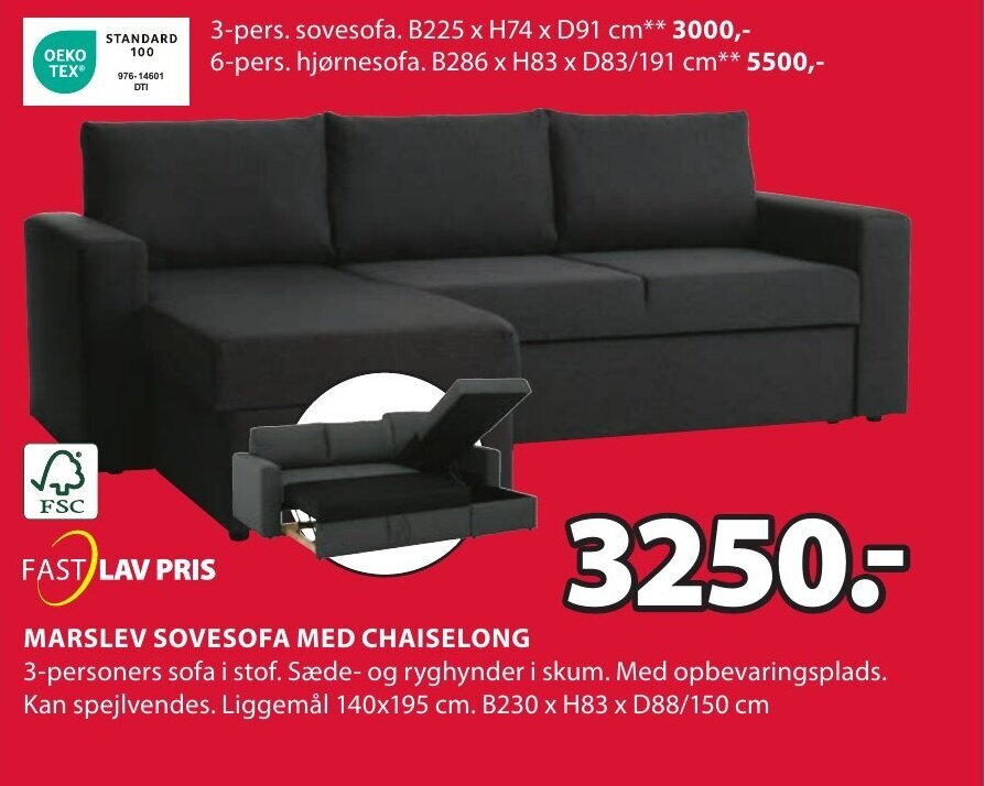 MARSLEV SOVESOFA MED CHAISELONG tilbud hos JYSK
