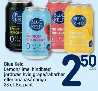 REMA 1000 Blue Keld Lemon/lime, hindbær/ jordbær, hvid grape/rabarber eller ananas/mango 33 cl. Ex. pant tilbud