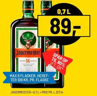 Priss JÄGERMEISTER 0,7 L PRIS PR. L 127,14 tilbud