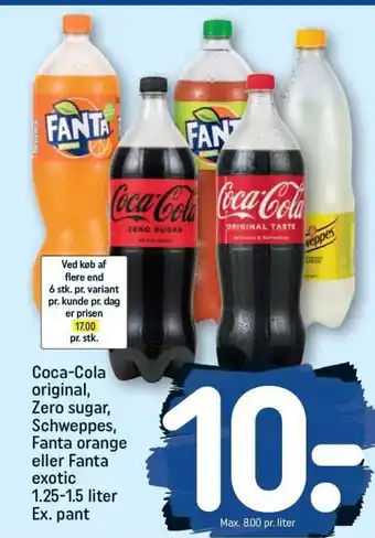 Coca-Cola original, Zero sugar, Schweppes, Fanta orange eller Fanta exotic 1.25-1.5 liter Ex. pant