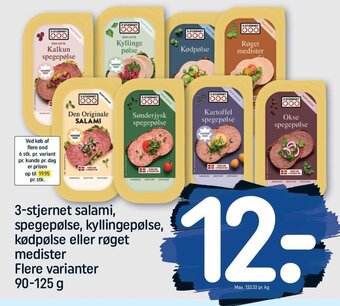 REMA 1000 3-stjernet salami, spegepølse, kyllingepølse, kødpølse eller røget medister tilbud