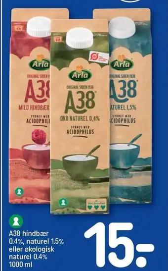 REMA 1000 A38 hindbær 0.4%, naturel 1.5% eller økologisk naturel 0.4% 1000 ml tilbud