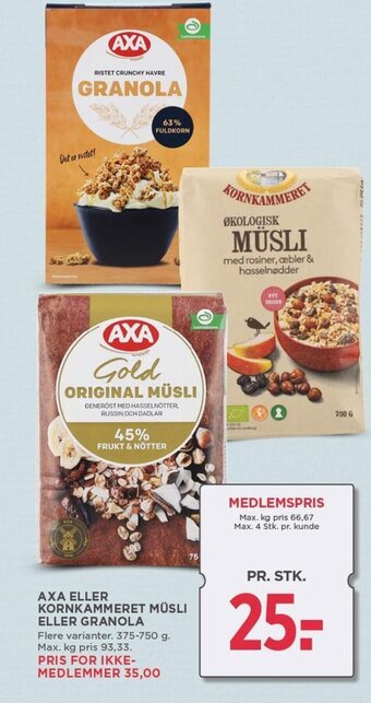 MENY AXA ELLER KORNKAMMERET MÜSLI ELLER GRANOLA tilbud