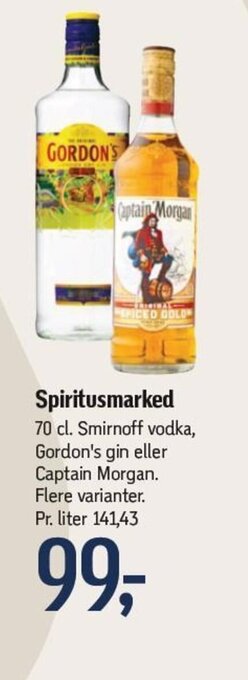 Føtex Spiritusmarked 70 cl. Smirnoff vodka, Gordon's gin eller Captain Morgan tilbud