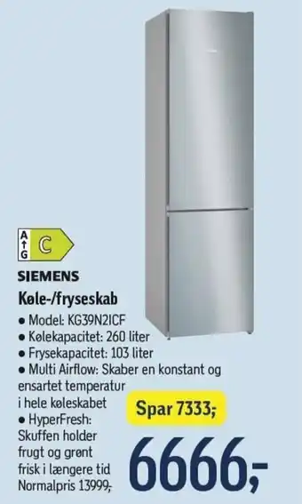 Føtex SIEMENS Køle-/fryseskab . Model: KG39N21CF tilbud