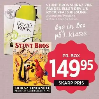MENY STUNT BROS SHIRAZ ZIN-FANDEL ELLER DEVIL'S ROCK PFALS RIESLING Australien/Tyskland. tilbud