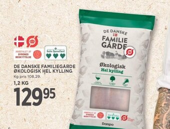 MENY DE DANSKE FAMILIEGÅRDE ØKOLOGISK HEL KYLLING tilbud