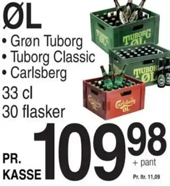 ABC Lavpris ØL • Grøn Tuborg •Tuborg Classic • Carlsberg 33 cl 30 flasker tilbud