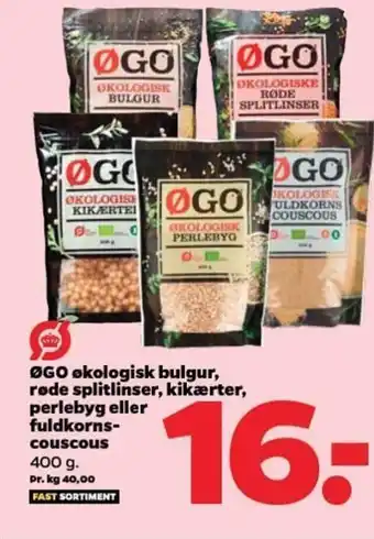 Netto ØGO økologisk bulgur, røde splitlinser, kikærter, perlebyg eller fuldkorns-couscous tilbud