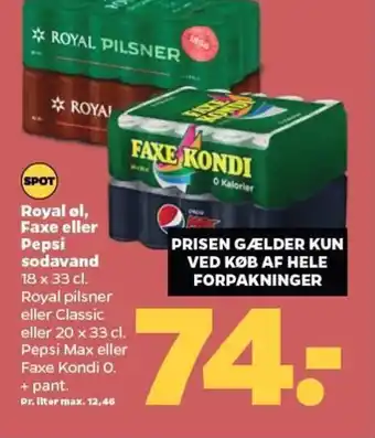 Netto Royal ol, Faxe eller Pepsi sodavand 18 x 33 cl. tilbud