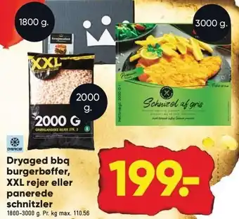Bilka Dryaged bbq burgerbøffer, xxl rejer eller panerede schnitzler tilbud