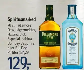 Føtex Spiritusmarked 70 cl. Tullamore Dew, Jägermeister, Havana Club Especial, Kahlua, Bombay Sapphire eller BullDog tilbud
