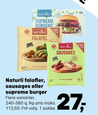 Kvickly Naturli falafler, sausages eller supreme burger tilbud