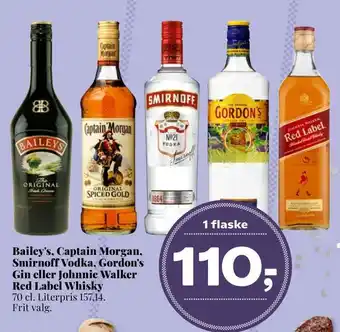 Dagli'Brugsen Bailey's, captain morgan, smirnoff vodka, gordon's gin eller johnnie walker red label whisky tilbud