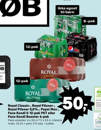 Kvickly Royal classic-, royal pilsner-, royal pilsner 0,0%-, pepsi max-, faxe kondi 0 12-pak pet eller faxe kondi booster 6-pak tilbud