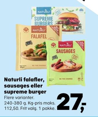SuperBrugsen Naturli falafler, sausages eller supreme burger tilbud