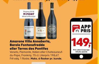 SuperBrugsen Amarone villa annaberta, barolo fontanafredda eller terres des pontifes tilbud