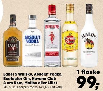 SuperBrugsen Label 5 whisky, absolut vodka, beefeater gin, havana club 3 års rom, malibu eller lillet tilbud