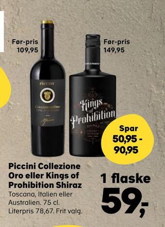 SuperBrugsen Piccini collezione oro eller kings of prohibition shiraz tilbud